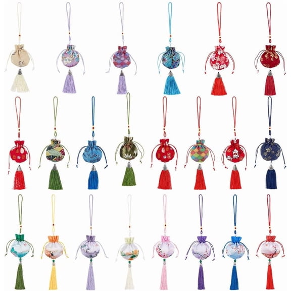 21 Pcs Jewelry Bags Drawstring Colorful Chinese Style Cloth Flower Hanging Storage Bags with Tassel Jewelry Pouches Bags Gift Pouches for Wedding Necklace Jewelry Bead