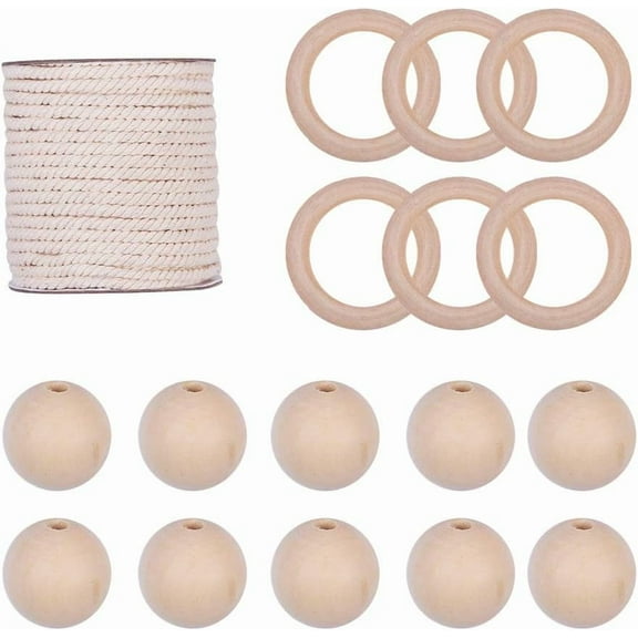 21 Pcs Macrame Wall Hanging Craft Kit Including 10 pcs 5cm Unfinished Solid Wooden Rings 10 pcs 6mm Wooden Beads 20 Yards 4mm Cotton Cord Twisted Cotton Rope for DIY Plant Hangers Moccasin