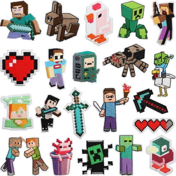 21 Pcs Pixel Block Embroidered Iron-On Patches - Retro 8-Bit Game Appliques with Hearts, Characters & Animals for Backpacks, Jackets & Hats - DIY Heat-Transfer Embroidery Set for Gamers & Crafters