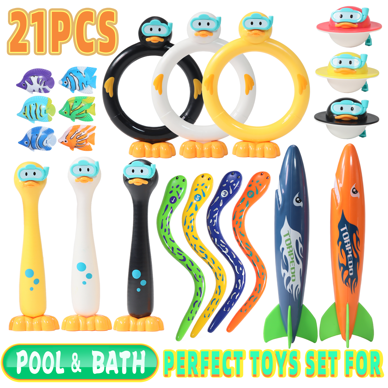 21 Pcs Pool Diving Toys Set for Kids Adults, Swimming Pool Accessories with Dive Rings, Torpedo Rockets, Penguin Sticks & Sea Creatures, Summer Fun Water Games for Pool Party & Bath
