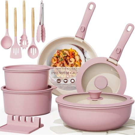 21 Pcs Pots and Pans Set Non Stick, Ceramic Cookware Set Detachable Handle, RV Kitchen Cooking Set Removable Handles, Oven Safe, Induction Ready, Stackable Non-stick Set, Pink