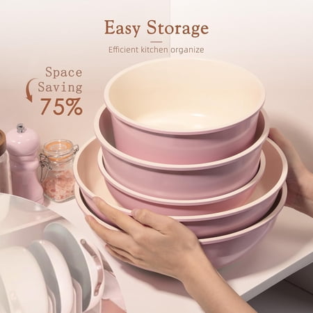 21 Pcs Pots and Pans Set Non Stick, Ceramic Cookware Set Detachable Handle, RV Kitchen Cooking Set Removable Handles, Oven Safe, Induction Ready, Stackable Non-stick Set, Pink