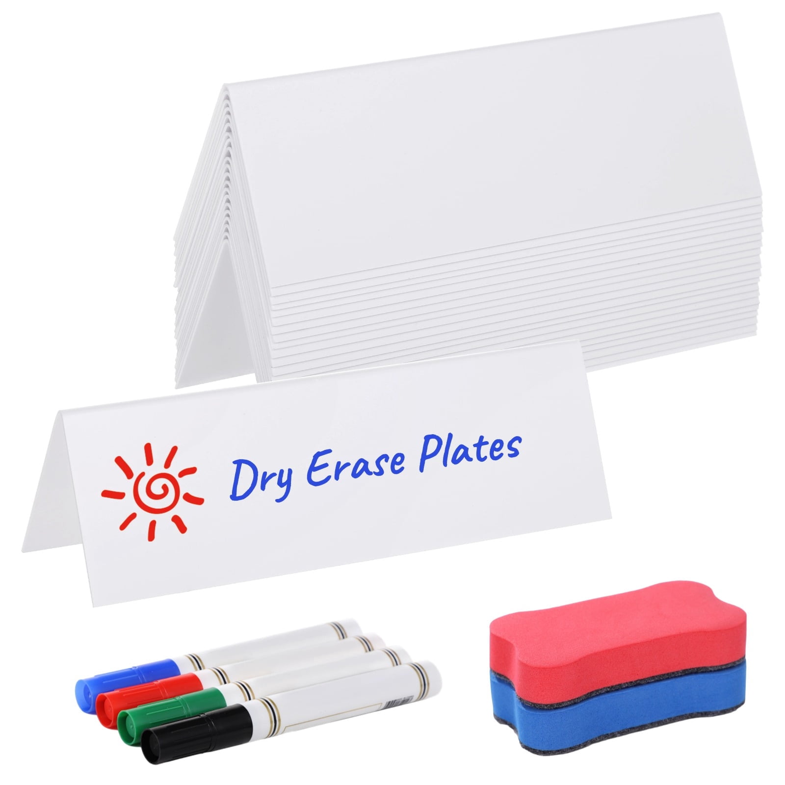 21 Pcs Reusable Name Tent Cards, Dry Erase Name Tags with 4 Markers and 2 Erasers, Easy-to-Use Name Plates, White Table Labels, Plastic Desk Tags for Classrooms, Offices, Meetings, Weddings