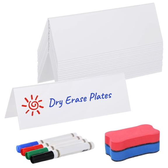 21 Pcs Reusable Name Tent Cards, Dry Erase Name Tags with 4 Markers and 2 Erasers, Easy-to-Use Name Plates, White Table Labels, Plastic Desk Tags for Classrooms, Offices, Meetings, Weddings