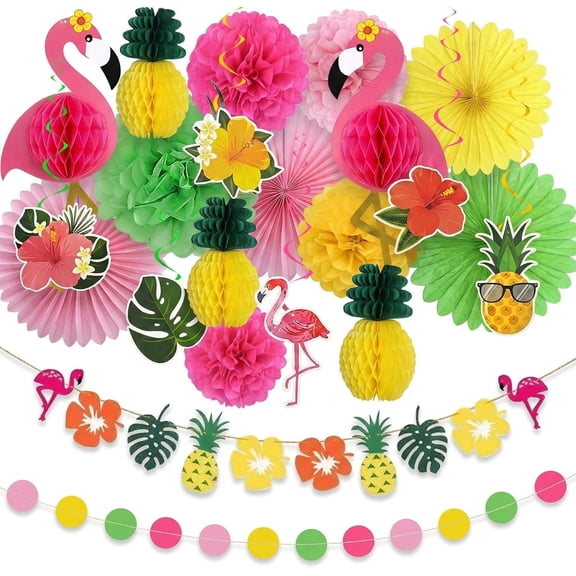 21 Pcs Tropical Luau Party Decorations, 21" Large 3D Flamingo Honeycombs, Paper Fans, Banners, Hanging Swirls for Hawaiian Birthday, Summer Beach Party, Classroom Decor