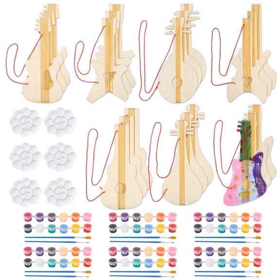 21 Pcs Unfinished Wood Cutouts, Blank Wooden Electric Guitar Slices with 6 Sets Pigments & 6 Palettes, Unfinished Musical Instrument Embellisments for DIY, Crafts Class