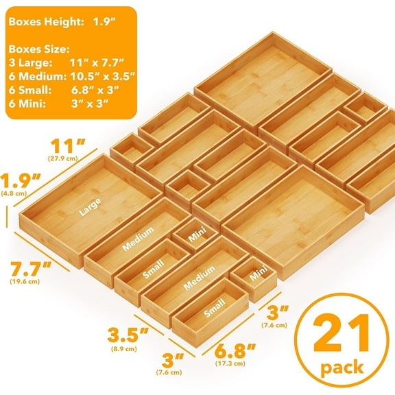 21-Piece Bamboo Drawer Organizer Storage Boxes Set, Natural - Wood Tray for Kitchen, Bathroom, Office Desk & Makeup Organization