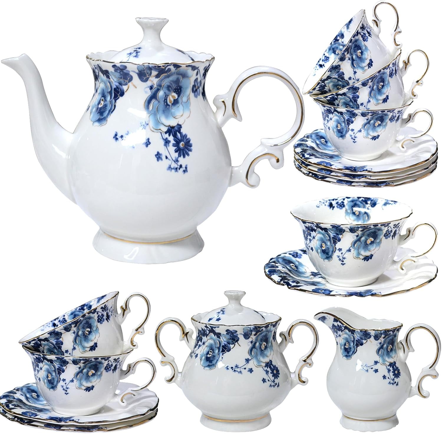 21-Piece Bone China Tea Set for Adults, Blue and White Porcelain Tea ...