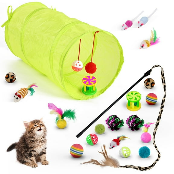 21-Piece Cat Toys Kit Set Interactive Foldable Cat Tunnel, Feather Wand, Plush Mice, Crinkle Balls, Jingle Balls & Spring Toys Indoor Fun for Cats, Kittens, Small Dogs & Rabbits