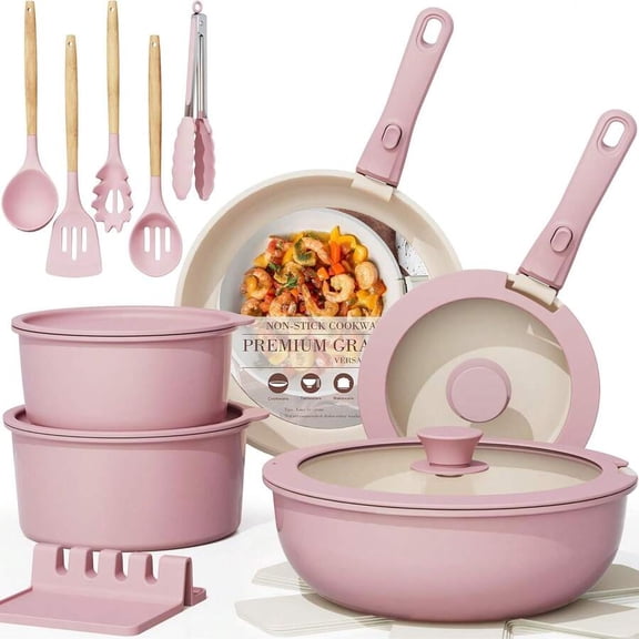 21-Piece Ceramic Cookware Set with Removable Handle, Nonstick Pots and Pans Set, Stackable Kitchen Cookware for Induction Cooktops, Home, Apartment and RV, Pink