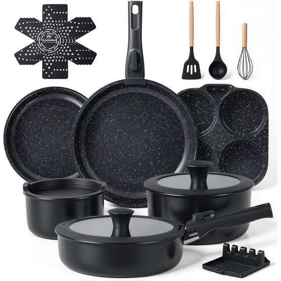 21-Piece Ceramic Pots and Pans Set Non Stick with Detachable Handles and Egg Frying Pan Non-Toxic Cookware Induction Ready Oven Safe Stackable for Storage Black Speckled
