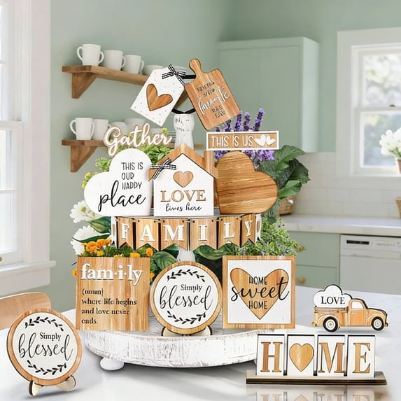 21-Piece Farmhouse Tiered Tray Decor Set, Wooden Signs with Inspirational Quotes, Distressed Rustic Decor for Summer Fall Holiday Home Decoration