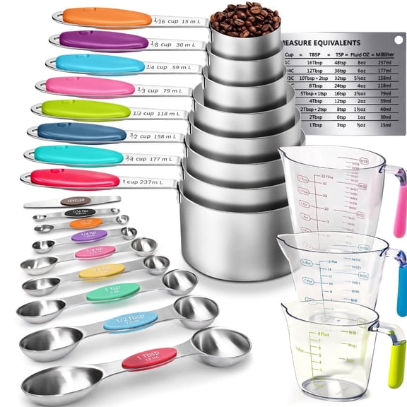 21-Piece Measuring Cups and Spoons Set, Colorful Handles, Graduated Bowls, Graduated Ruler, Magnetic for Easy Storage, Various Sizes of Measuring Cups and Spoons