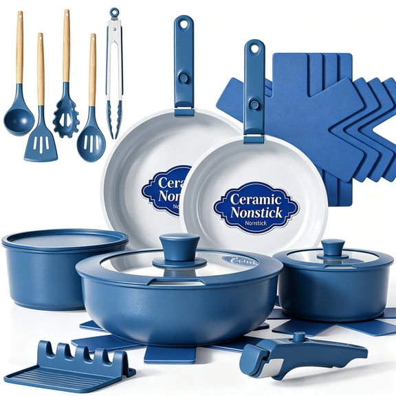 21-Piece Navy Non-Stick Ceramic Cookware Set with Detachable Handles