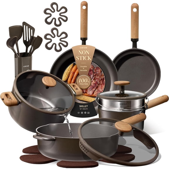21 Piece Non Stick Cookware Set with Strainer Lid for Induction Cooking Dark Green