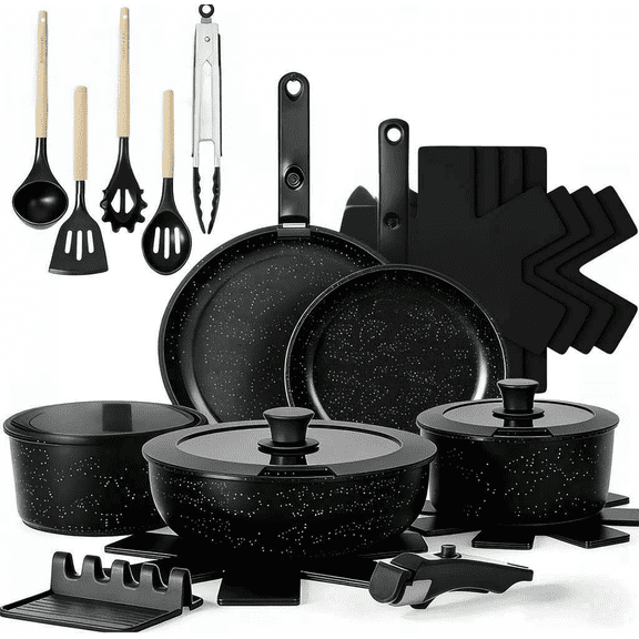 21-Piece Nonstick Ceramic Cookware Set with Detachable Handles, Oven and Dishwasher Safe, Black