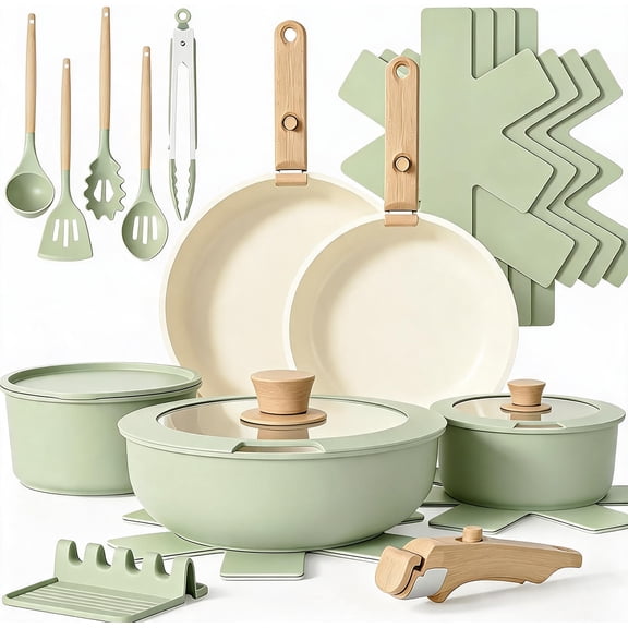 21-Piece Nonstick Ceramic Cookware Set with Detachable Handles Oven Safe Dishwasher Safe Stackable Sage Green