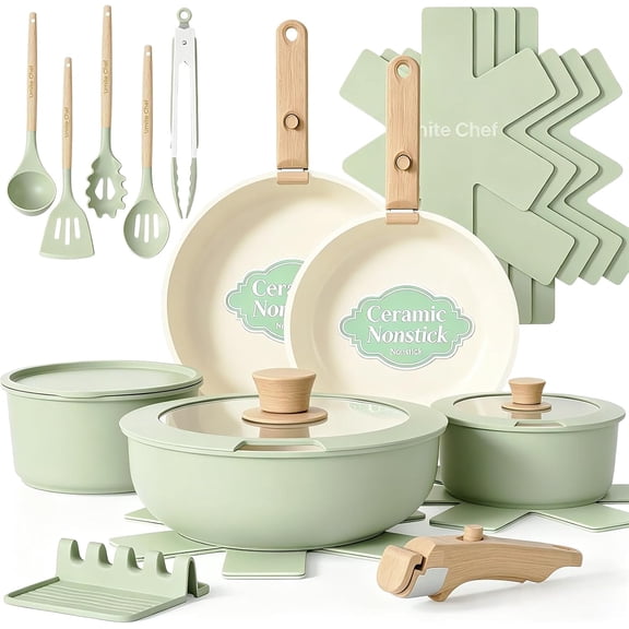 21-Piece Nonstick Ceramic Cookware Set with Detachable Handles Oven Safe Dishwasher Safe Stackable Sage Green