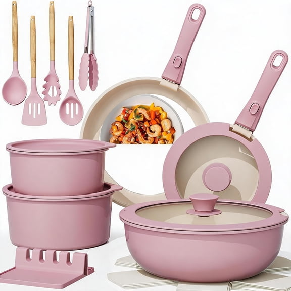 21 Piece Nonstick Ceramic Cookware Set with Detachable Handles Oven Safe Induction Ready Stackable Pink