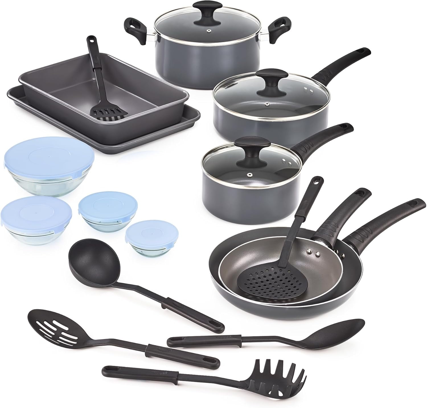 21-Piece Black Nonstick Aluminum Cookware Set with Glass Lids