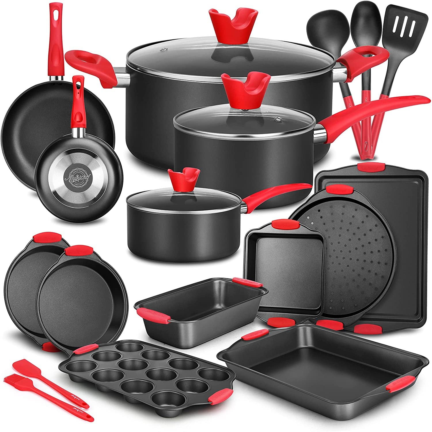 21-Piece Nonstick Cookware Set Heat Resistant Lacquer Kitchen Ware Pots Pan w/ Cool-Touch Handles, Saucepan, Fry Pans, Lid, Bakeware, For Gas Electric Ceramic Cooktops