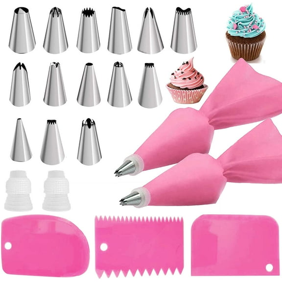 21-Piece Piping Bags and Tips Set - Cake Piping Bag Set - Reusable Piping Tips Set With Stainless Steel Nozzles, Cake Scrapers, Pastry Bags, Couplers