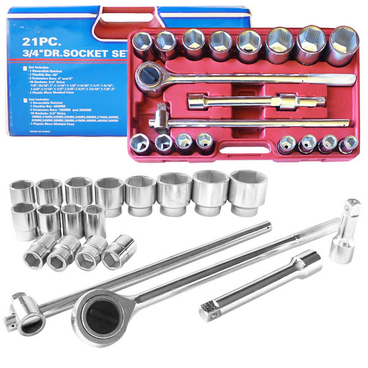 21 Piece Socket Jumbo Ratchet Set SAE 3/4" Drive Standard Tools With