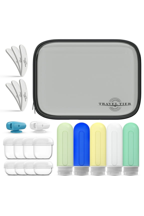 21 Piece Travel Kit with Silicone Bottles and TSA Approved Transparent Toiletry Bag by Travel Tier