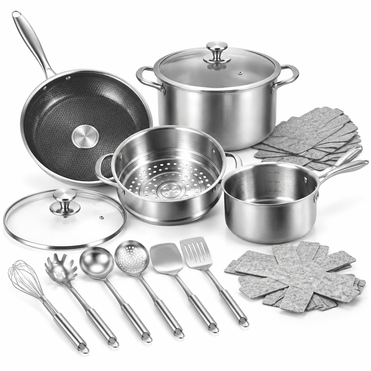 21-Piece Tri-Ply Stainless Steel Cookware Set with Steamer for All ...