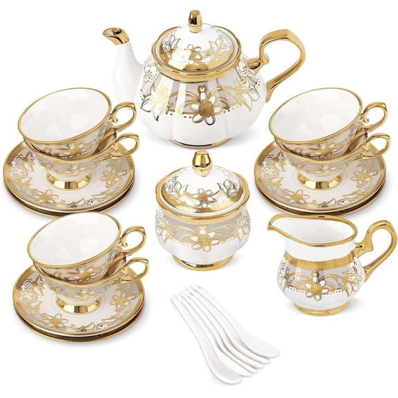 21 Pieces Porcelain Tea Set with Sugar Bowl Creamer, Cup and Saucers for 6, Royal Floral Tea Service with Gold Trim for Party Wedding Birthday Gifting