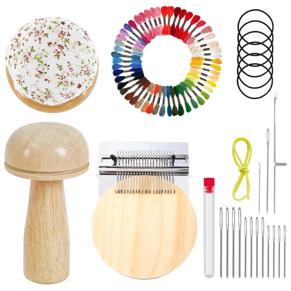 21 Pin Darning Loom Sewing Kit, Mini Weaving Loom with Wooden Darning Mushroom, Threads & Needles for Sock Sweater Knitwear Repair, DIY Home Craft Mending Set