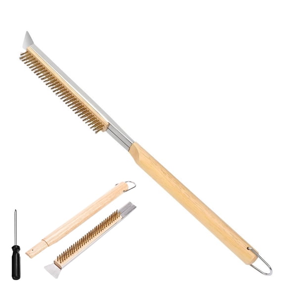 21'' Pizza Cleaning Brush with Stainless Steel Stone Scraper - Brass Bristles - Wood Handle - Hanging Ring - Outdoor Pizza Oven Accessory for Home and Patio