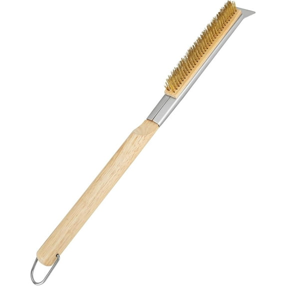 21'' Pizza Oven Brush with Scraper, Brass bristles Pizza Stone Cleaning Brush with Wooden Long Handle Hanging Ring for Outdoor Pizza Oven Accessories (Copper Wire Brush)