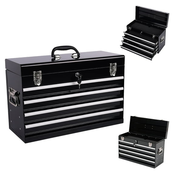 21" Portable Metal Tool Box with 4 Drawers and Side Handles, Small Tool Chest with EVA Liners and Lock System, Multi-Function Tool Organizer for Garage, Warehouse, Repair Shop, Home, Black