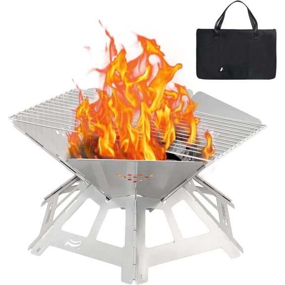 21" Portable Outdoor Fire Pit, Stainless Steel Portable & Collapsible Fire Pit with Charcoal Grill Net & Storage Bag,- for Patio, Backyard BBQ, Camping & Beach Bonfires
