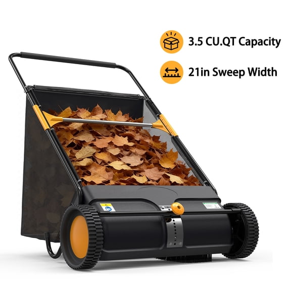 21" Push Lawn Sweeper, 3.5 Cu. Ft. Heavy Duty Leaf Collector & Grass Catcher, Manual Yard Rake with Adjustable Height, Spinning Brushes & Rubber Wheels