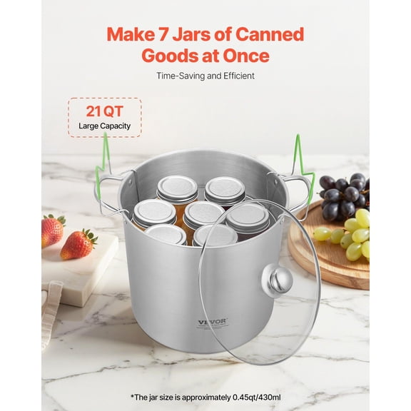21 QT Canning Pot with Rack&Lid,Stainless Steel Waterbath Canner with Dual Handle&Glass Lid,Compatible with All Cooktops: Induction,Gas,Electric,Glass,Ceramic,Halogen