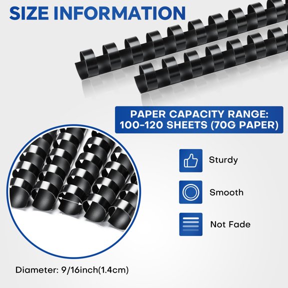 21-Ring Plastic Binding Spines 9/16" Dia 100 Pack Black A4 Compatible