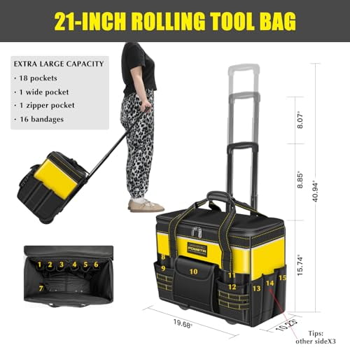 21" Rolling Tool Bag with Wheels,Waterproof Rolling Tool Tote with