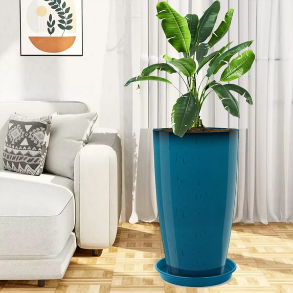 21" Round Tall Planter Resin Vase for Indoor Outdoor Porch/Patio with Drainage Holes Modern Decor for Flowers, Interior Plants - Blue