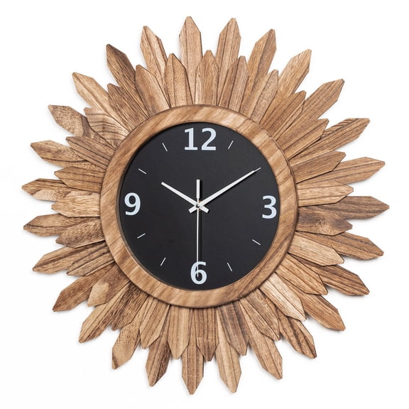 21 In Rustic Wood Boho Sunburst Decorative Wall Clock Silent Non Ticking Farmhouse Small Wall Clocks for Living Room Kitchen Bedroom Decor (Rustic Brown)