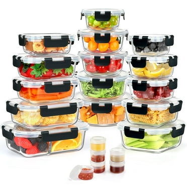 21 Set Glass Food Storage Containers with Snap Locking Lids Set, Glass Meal Prep Containers, 21 Containers & 21 Lids, Black
