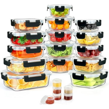 21 Set Glass Food Storage Containers with Snap Locking Lids Set, Glass Meal Prep Containers, 21 Containers & 21 Lids, Black