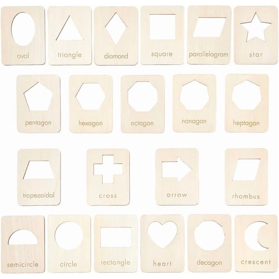 21 Shapes Wood Geometry Stencils 3.5x2.7 Inch Reusable Drawing Stencil Template Tool Set for Chalk Paintings and Acrylic Paintings Wood Stencils for DIY Crafts Shape Recognition Card Brown