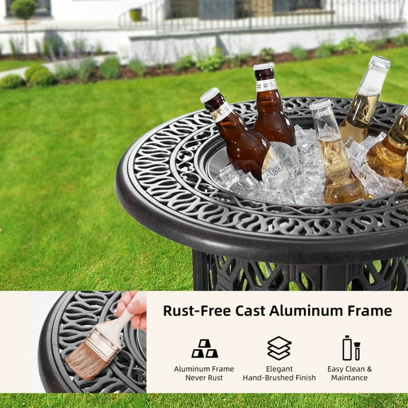 21" Side Table With Removable Ice Bucket- Rustproof Cast Aluminum Frame, Hand-Brushed Finish, Food-Grade 304 Stainless Steel Bucket - Perfect for Indoor & Outdoor, Patio, Balcony, and Poolside