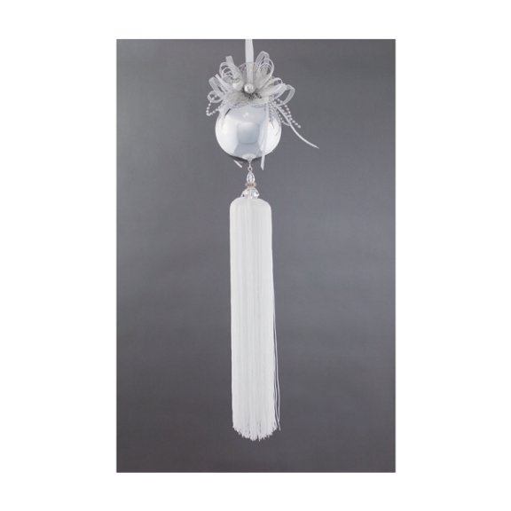 21" Snow Drift Fancy Silver Ball With White Tassel Christmas Ornament