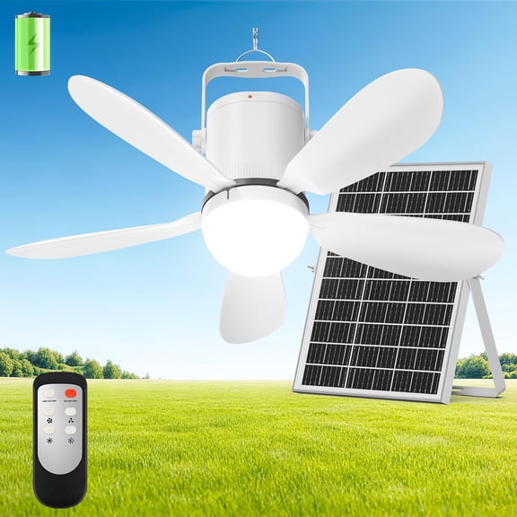 21” Solar Ceiling Fan Light, 35W Solar Powered Gazebo Fan with Remote Control, Rechargeable Battery Operated Portable Camping Fan Outside, for Tent Patio Greenhouse Porch Canopy Pergola