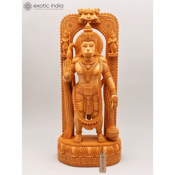 21" Standing Lord Hanuman Statue with Beautifully Carved Prabhavali with Lord Rama and Devi Sita