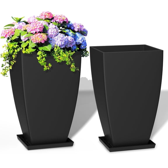 FIASON 2 Pack 21 Inch Black Tall Outdoor Large Square-mouthed Planter with Curved Edges,Front Porch Planter Pots with Drainage Design Holes for Patio, Porch, Garden, Indoor