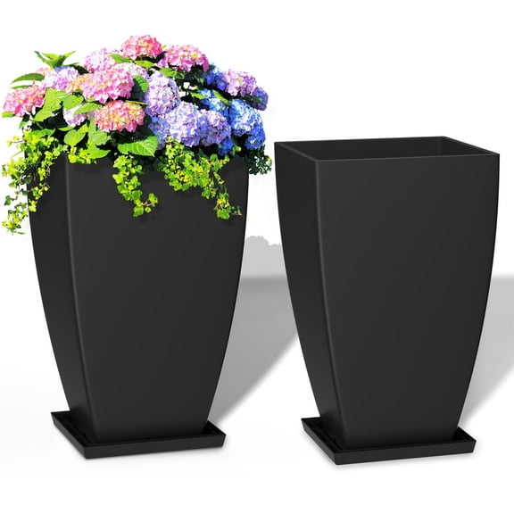 FIASON 2 Pack 21 Inch Black Tall Outdoor Large Square-mouthed Planter with Curved Edges,Front Porch Planter Pots with Drainage Design Holes for Patio, Porch, Garden, Indoor